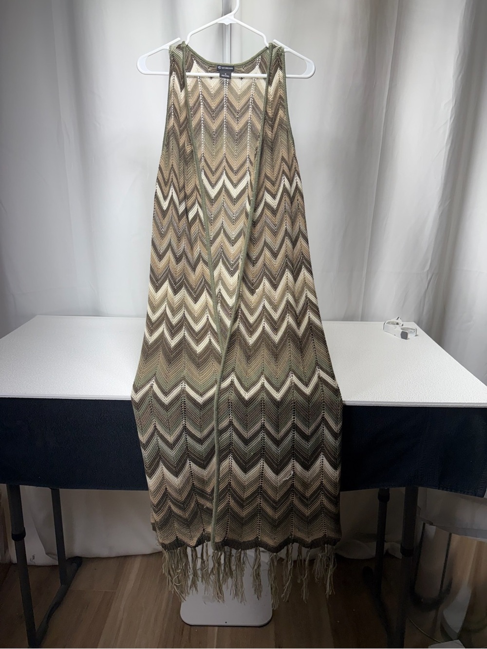 new directions Olive Chevron Fringe Maxi Cardigan 4550